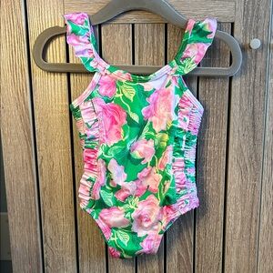 Janie and Jack Green and Pink Floral Kids Swim One Piece